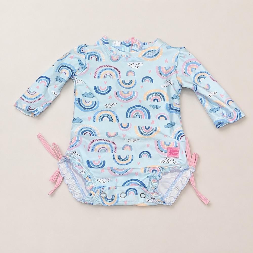 RuffleButts Baby Girls One Piece Rash Guard Swimsuit
Rainbow Pastel 0-3M UPF 50